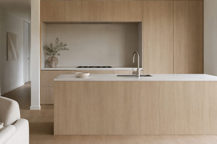 Linen Oak wood grain vinyl wrap aligned across a run of kitchen cabinets