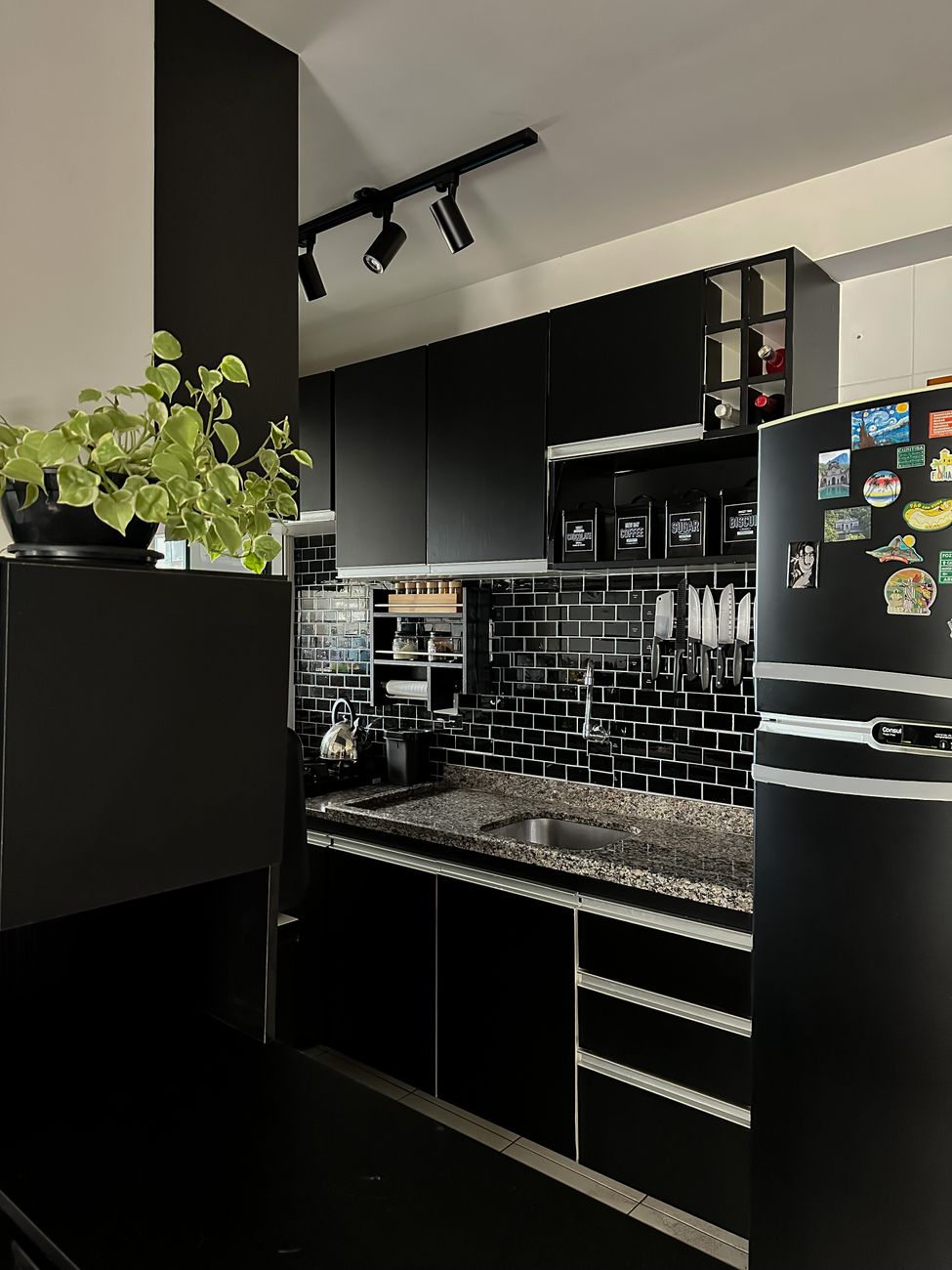 A modern kitchen with cabinet fronts refreshed in a Velven finish