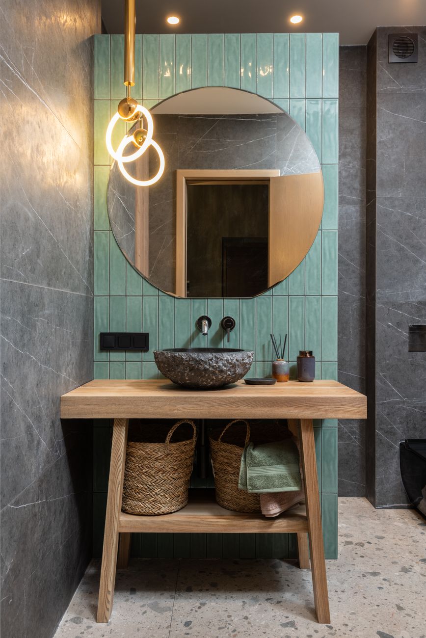 A warm cherry vanity refreshed with a Velven finish