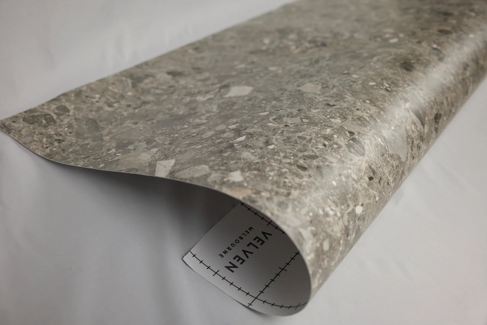Speckled grey terrazzo stone look peel and stick wrap sample