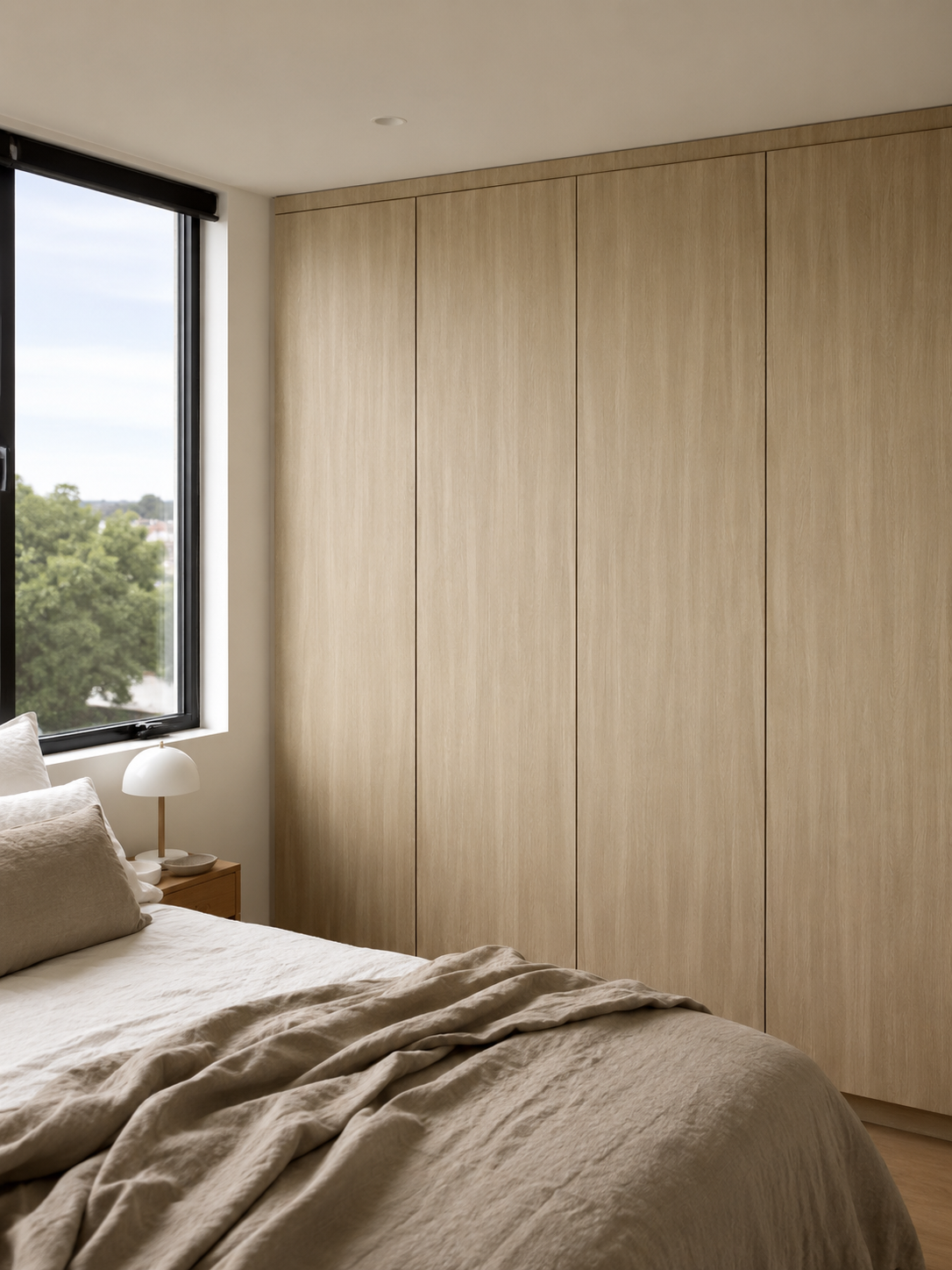 Tall smooth wardrobe doors wrapped in a consistent light oak look finish