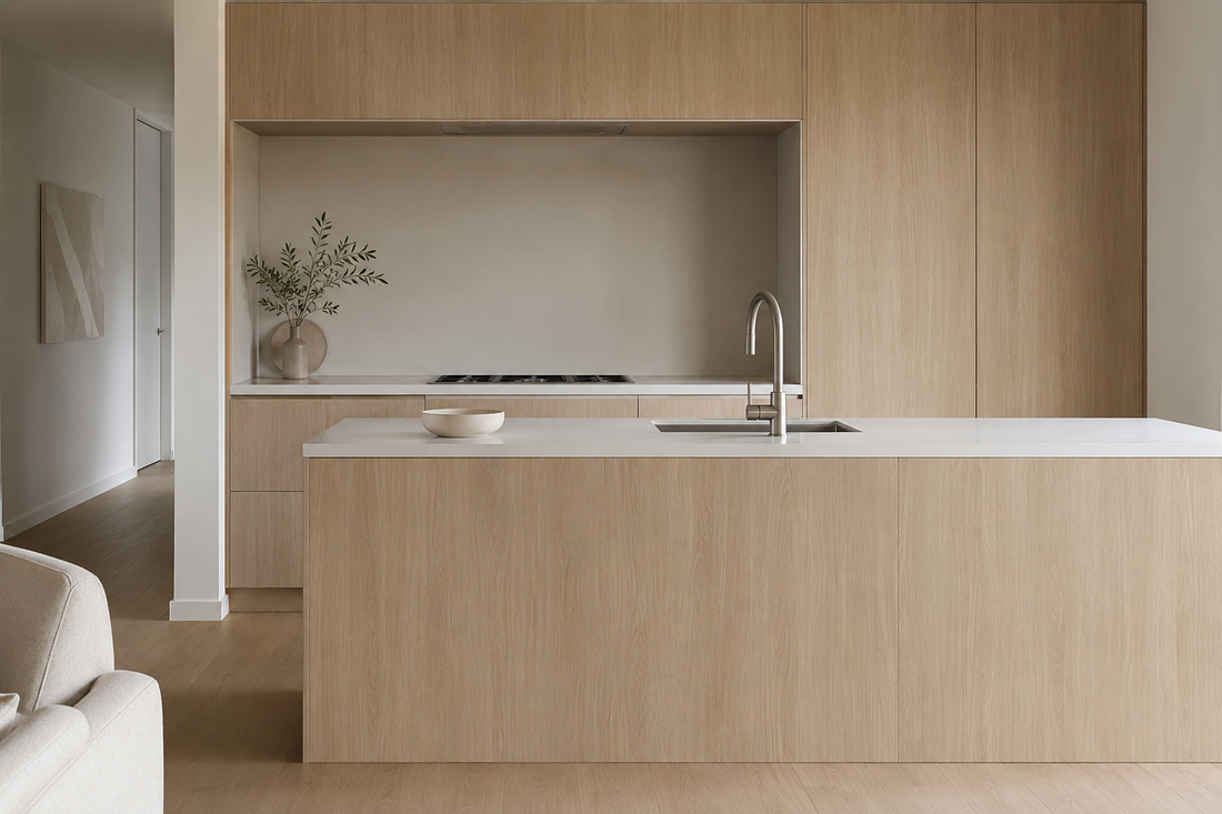 Pale blonde oak cabinet fronts in a renter-friendly kitchen makeover