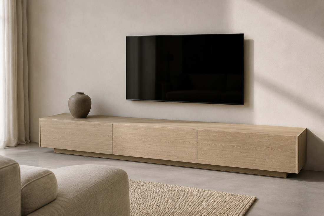 Light oak wrapped IKEA-style media unit in a modern living room