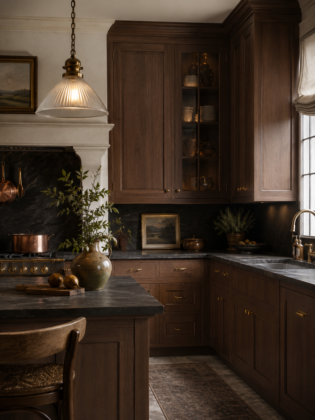 Dark walnut kitchen showing the stone benchtop alongside wrapped cabinet fronts