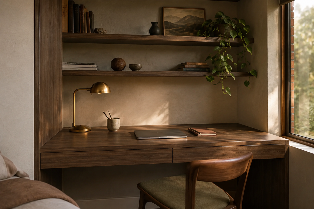 Home office desk with a warm walnut look wrapped top and drawer fronts