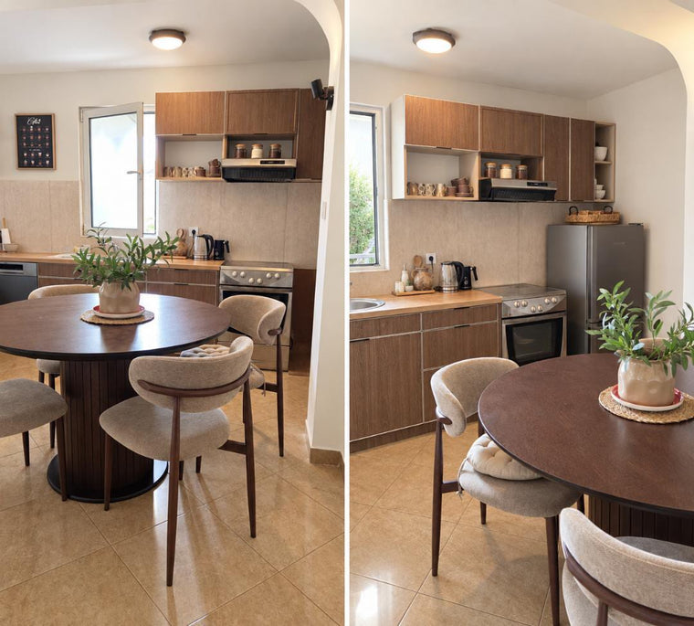 The same kitchen after wrapping the cabinet doors in Natural Walnut wood grain vinyl, shown from two angles