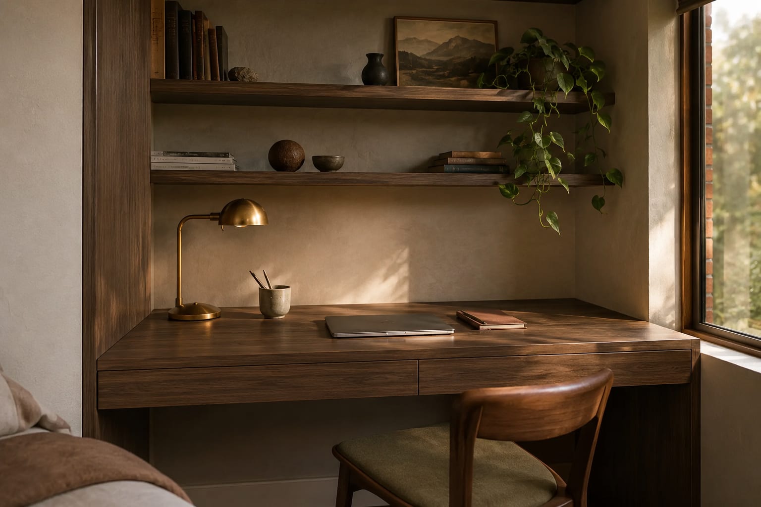 A desk and shelves wrapped in Castello Walnut