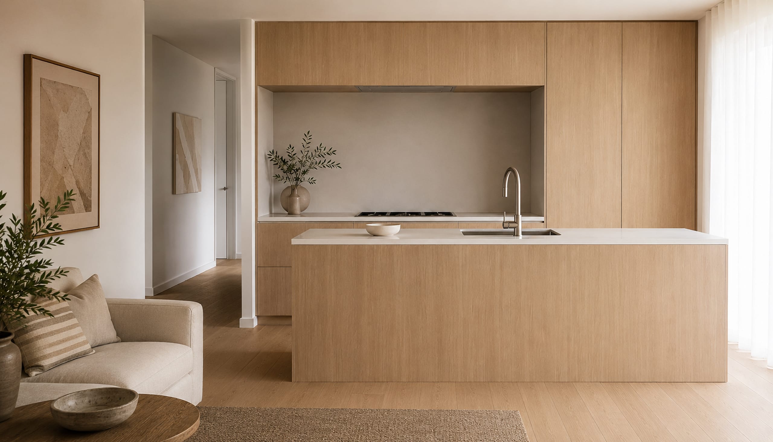 The same kitchen after, wrapped in Modern Oak