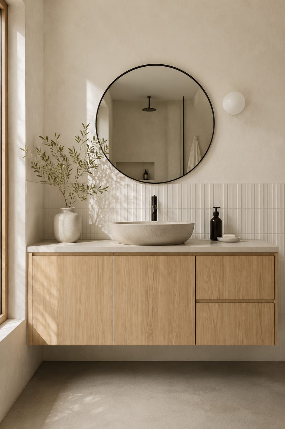 A floating bathroom vanity wrapped in matte Sereno Oak under a round mirror