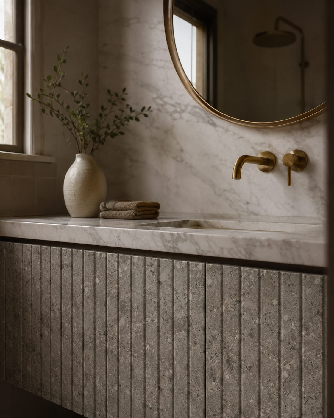 The same vanity wrapped in Ceppo di Gré stone