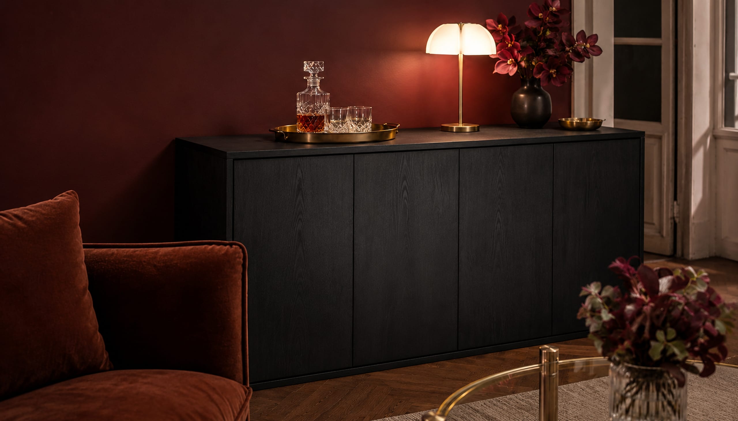 A bar cabinet wrapped in near black Kuro Sumi