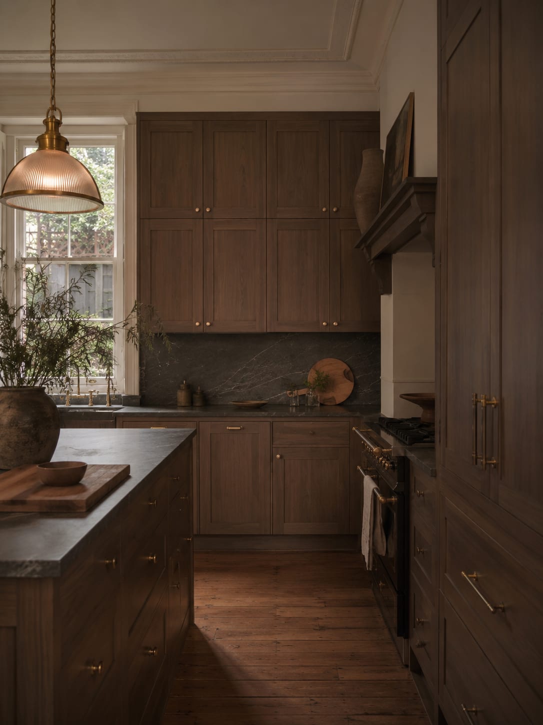 A bright kitchen with cabinets wrapped in Castello Walnut