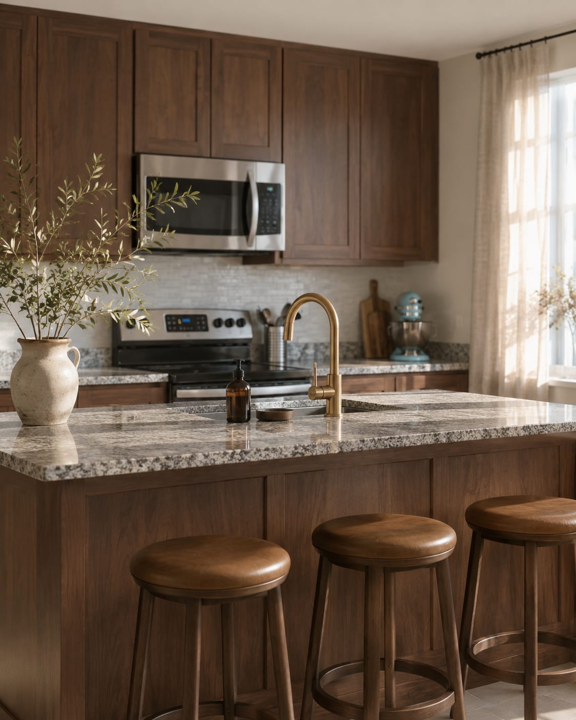 A sunlit kitchen with cabinets wrapped in Castello Walnut, brass tap and leather stools