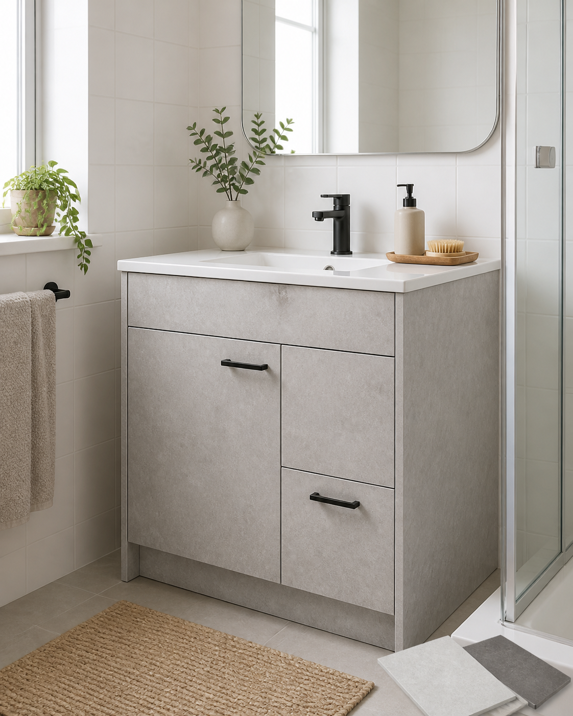 Stone-look bathroom vanity finish idea