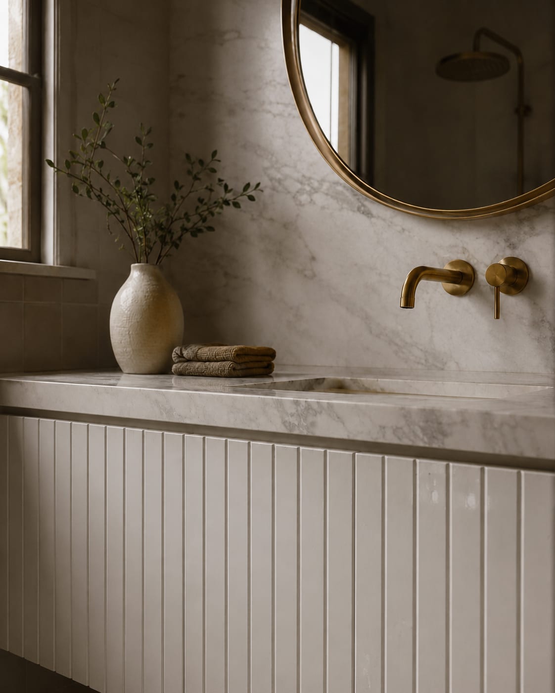 The same vanity before, in dated laminate