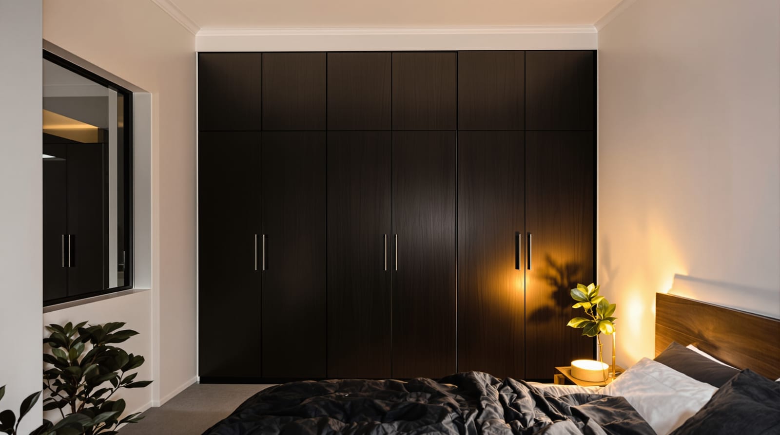 Wardrobe doors shown with near black Kuro Sumi finish