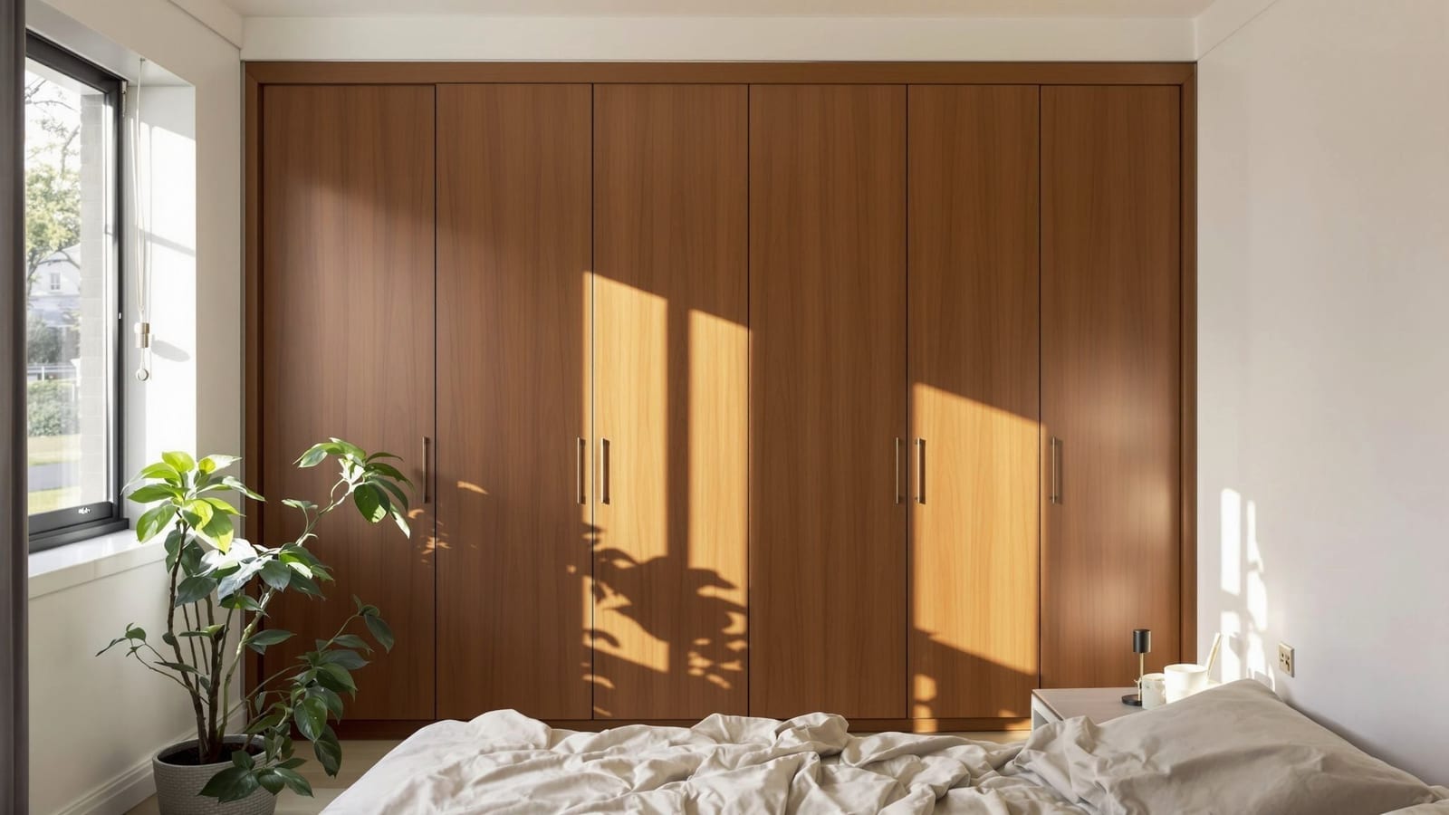 Built-in wardrobe doors shown with warm walnut finish