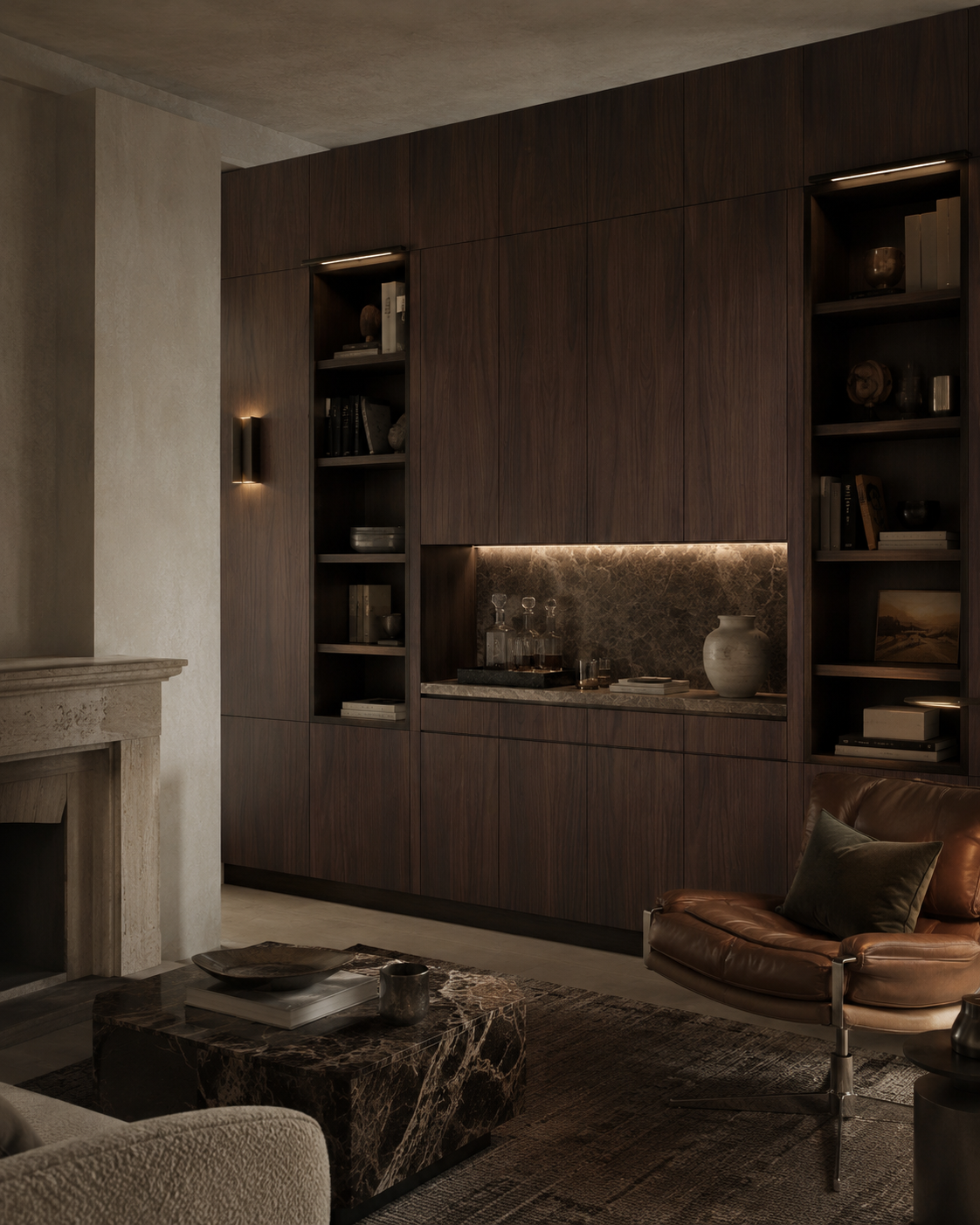 Home bar wall shown with deep Chocolate Walnut cabinetry