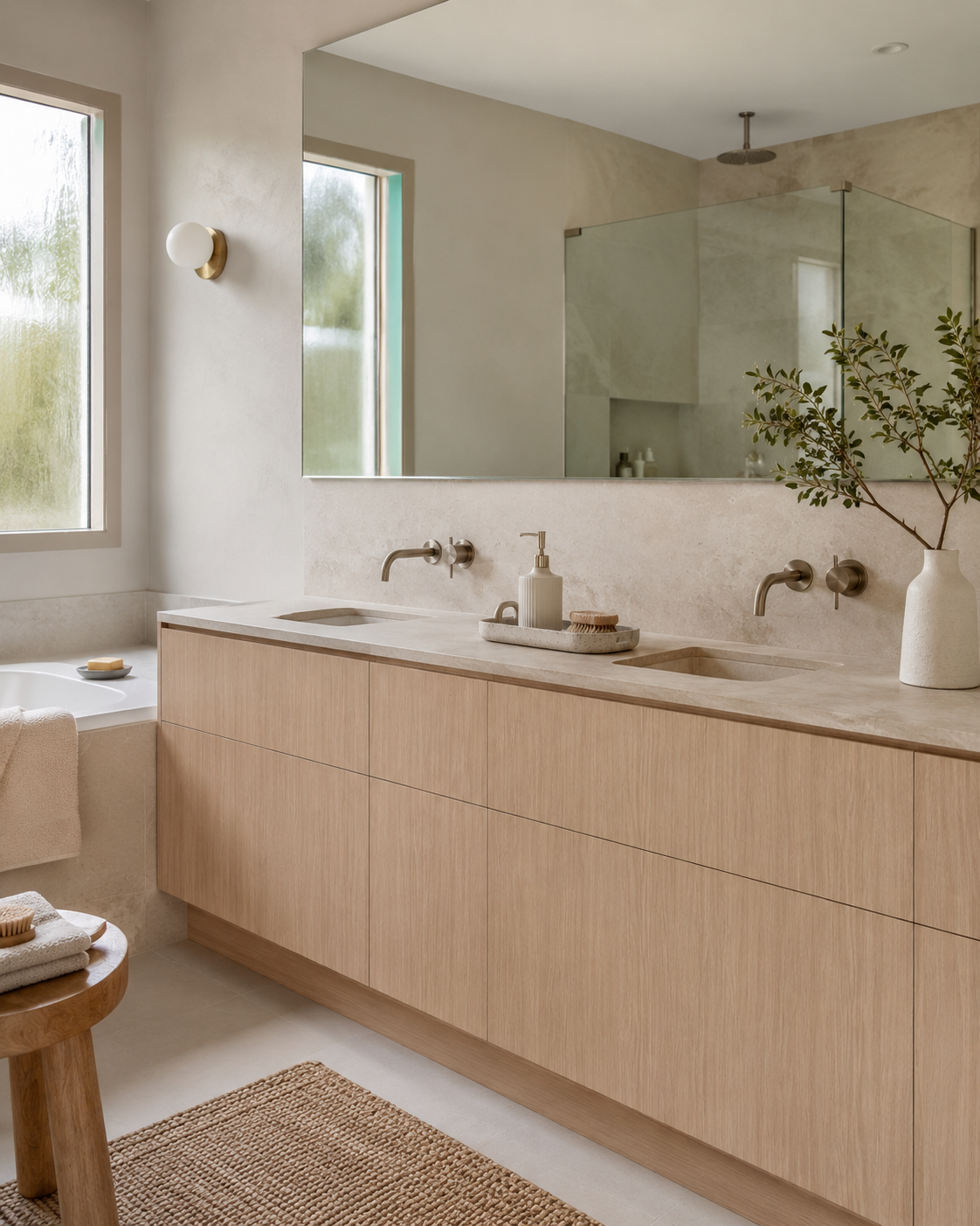 Spa style bathroom vanity shown with soft Linen Oak fronts
