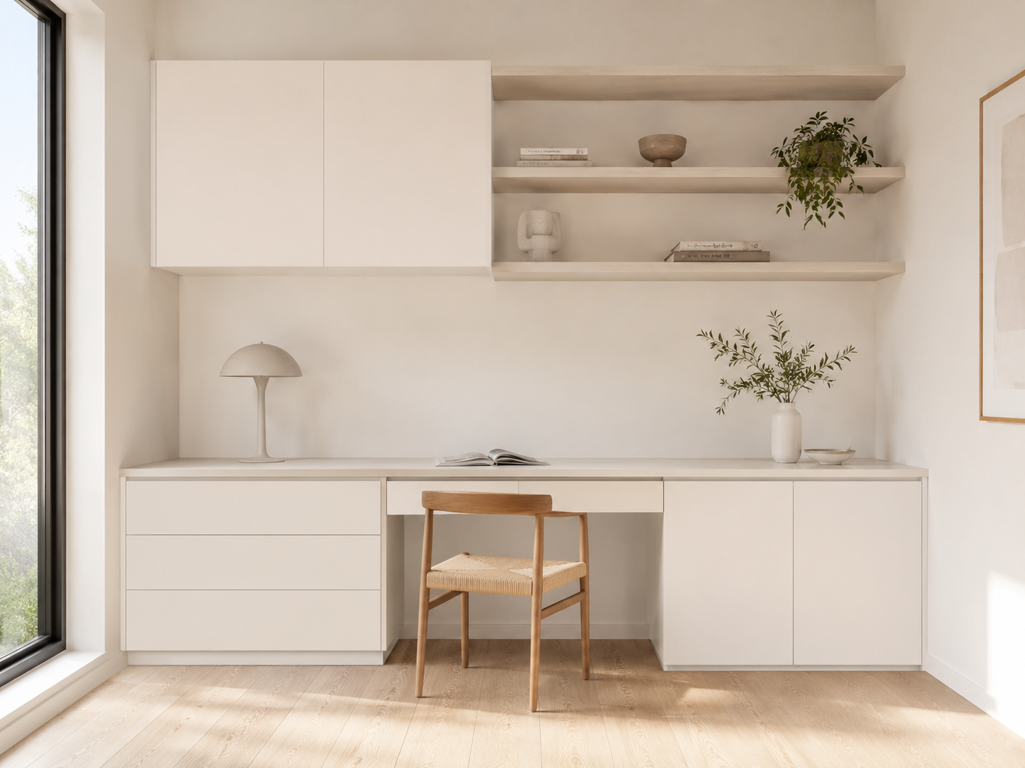 Home office storage shown with clean Natural White cabinet fronts