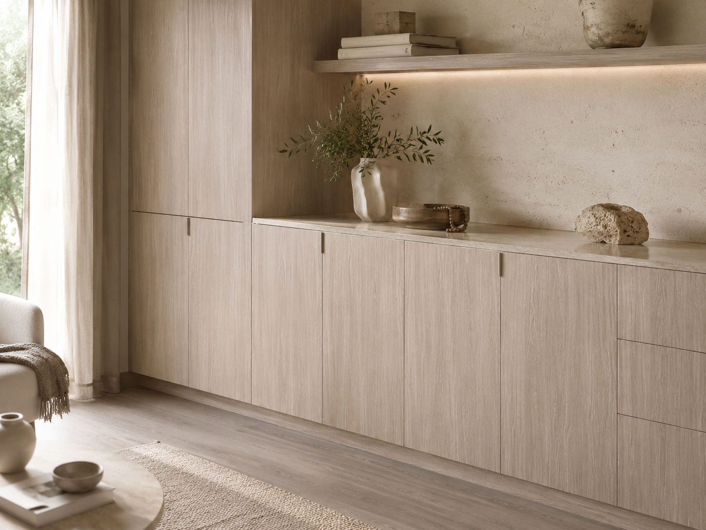 Built in storage shown with calm Sereno Oak cabinet fronts