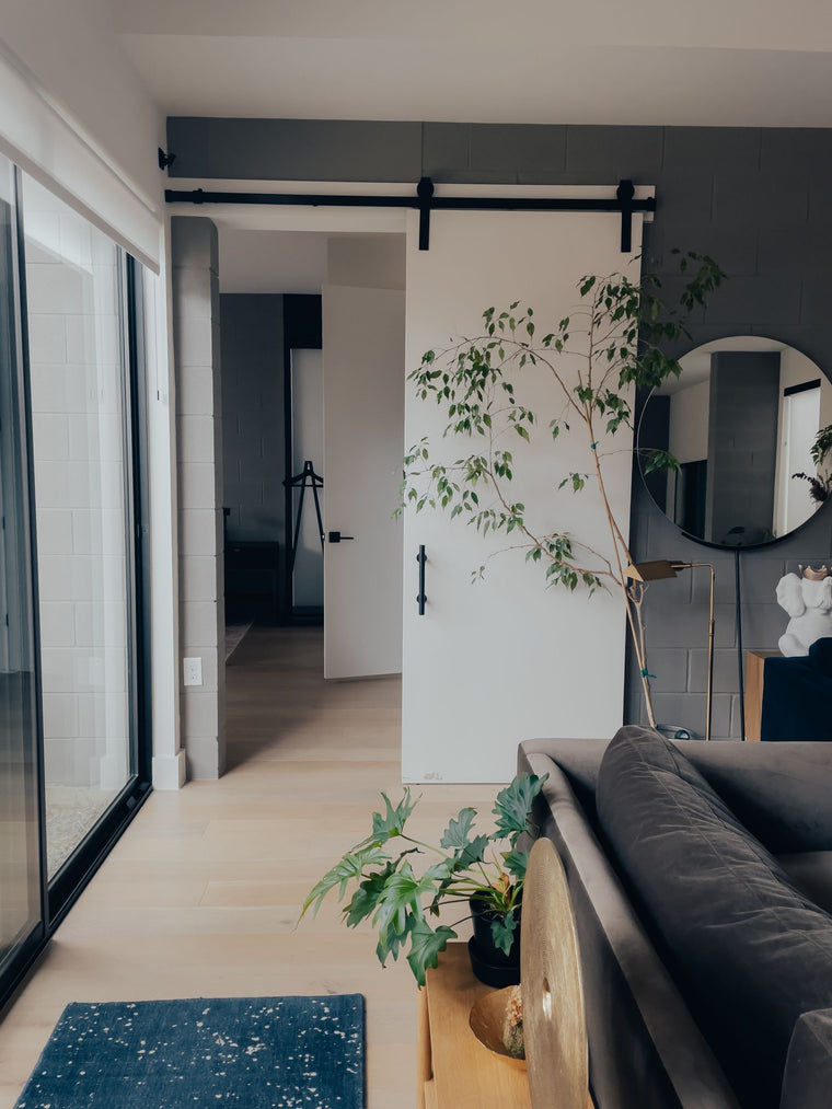 Large sliding internal door in a contemporary living room