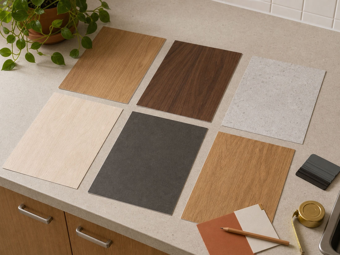 Velven woodgrain and stone finish samples arranged on a sample board