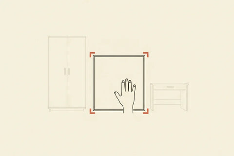 Illustration of a hand choosing a cabinet door among other surfaces
