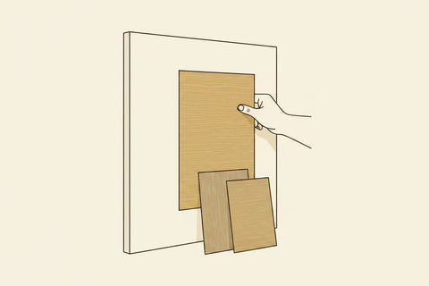 Illustration of a hand pressing a large A4 film sample sheet against the door