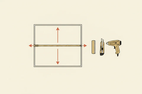 Illustration of measuring the door with the wrap tools laid out beside it