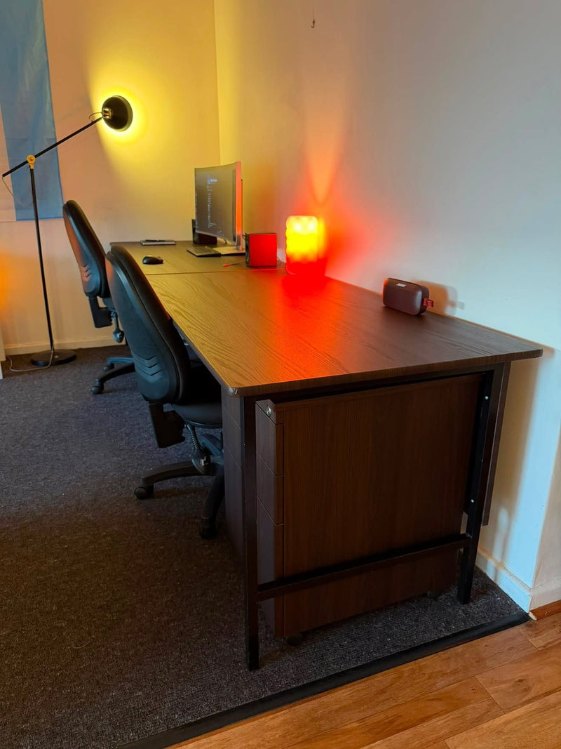 Home office desk and drawer unit wrapped in Chocolate Walnut wood grain vinyl