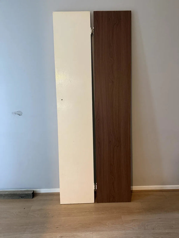 Customer wardrobe door before and after: a plain cream painted door on the left beside the same door wrapped in Natural Walnut woodgrain vinyl on the right