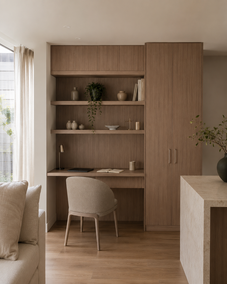 Study nook and open shelves shown with Dune Oak finish